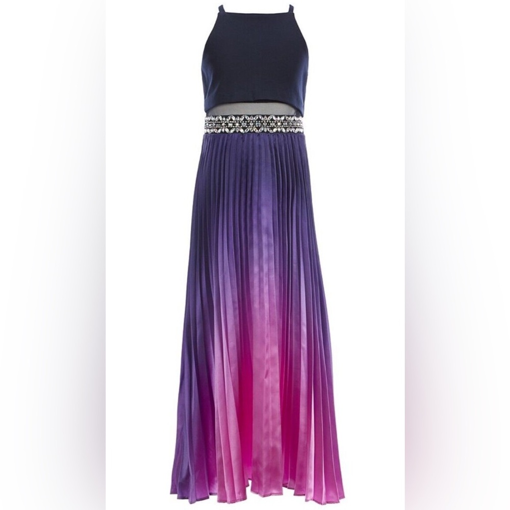 🎄Rare Editions Blue Ombre Popover Pleated Sateen Fanciful Maxi Dress Size 8 🎅